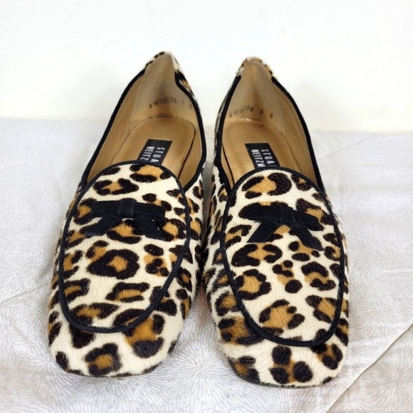 Stuart Weitzman calf hair classic leopard print loafers black bow heel office 6 - Picture 3 of 11